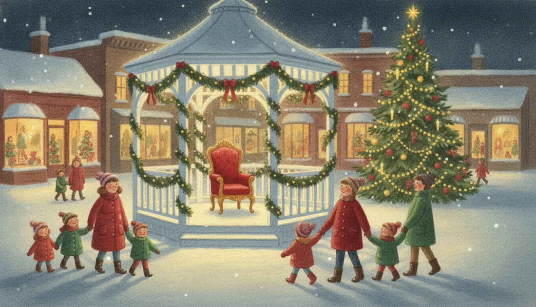 An empty red velvet chair waits in a gazebo hung with garland and red bows in a snowy town square, as families in winter coats walk past a lit Christmas tree and glowing shop windows