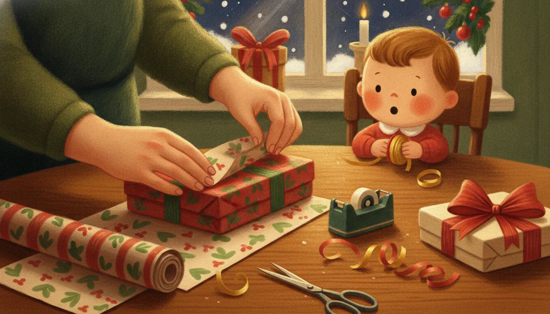 A grown-up's hands fold the end of a box wrapped in red holly-print paper at a wooden table, while a toddler in a red sweater watches with a curl of gold ribbon, beside a roll of paper, a tape dispenser, scissors and a finished kraft box with a red bow