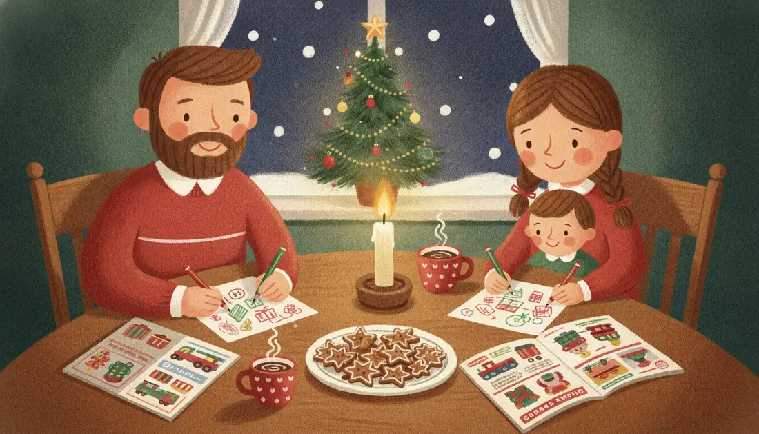 A dad, a mom and a small child draw Christmas lists at a candlelit table with star cookies, cocoa and toy catalogs