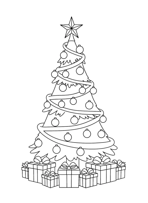 Coloring page of a tall Christmas tree with a star on top, a ribbon garland spiraling down, round ornaments and a pile of wrapped presents underneath