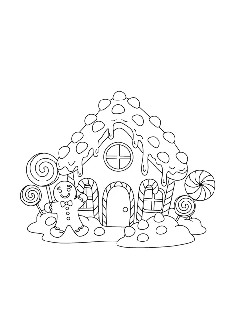 Coloring page of a gingerbread house with a frosted roof covered in candy dots, a round window, an arched door and windows framed in candy-cane stripes, lollipops and a gingerbread man waving
