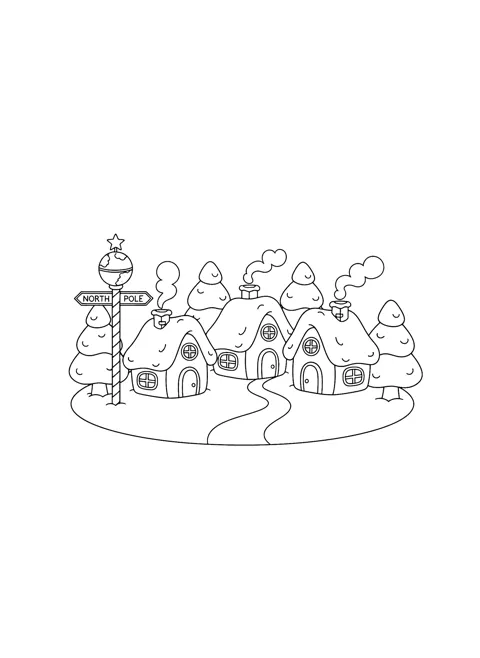 Coloring page of three snow-covered cottages with smoking chimneys along a winding path, snowy pine trees and a North Pole signpost topped with a globe and a star