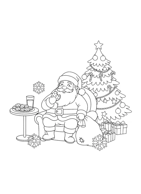 Coloring page of Santa in an armchair eating a cookie, beside a little table with a plate of cookies and a glass of milk, a decorated Christmas tree with a star on top, and wrapped presents