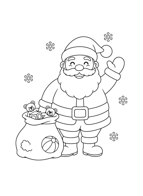 Coloring page of Santa in his hat and suit waving one mitten beside an open sack that holds two teddy bears, a toy block and a ball, with snowflakes around him