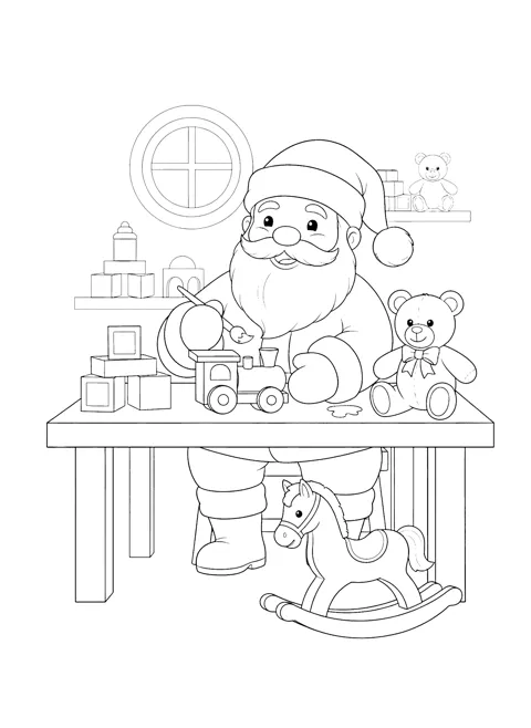 Coloring page of Santa at his workbench painting a toy train with a brush, with toy blocks, a teddy bear, a rocking horse on the floor and a round window behind him