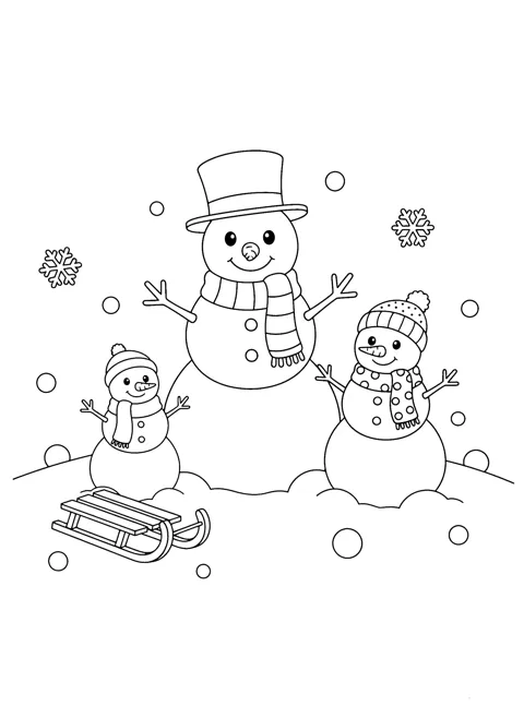 Coloring page of a big snowman in a top hat and striped scarf with two smaller snowmen in knit pom-pom hats and scarves, a wooden sled in front and snow falling